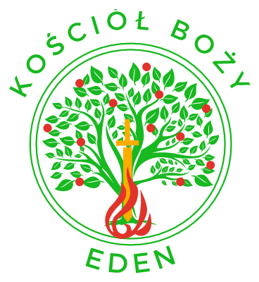Logo Kościoła Bożego Eden, przedstawiające drzewo z owocami, miecz i płomień.