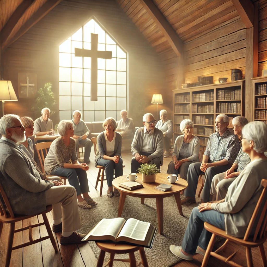 Grupa starszych osób siedząca w kręgu podczas spotkania w bibliotece.